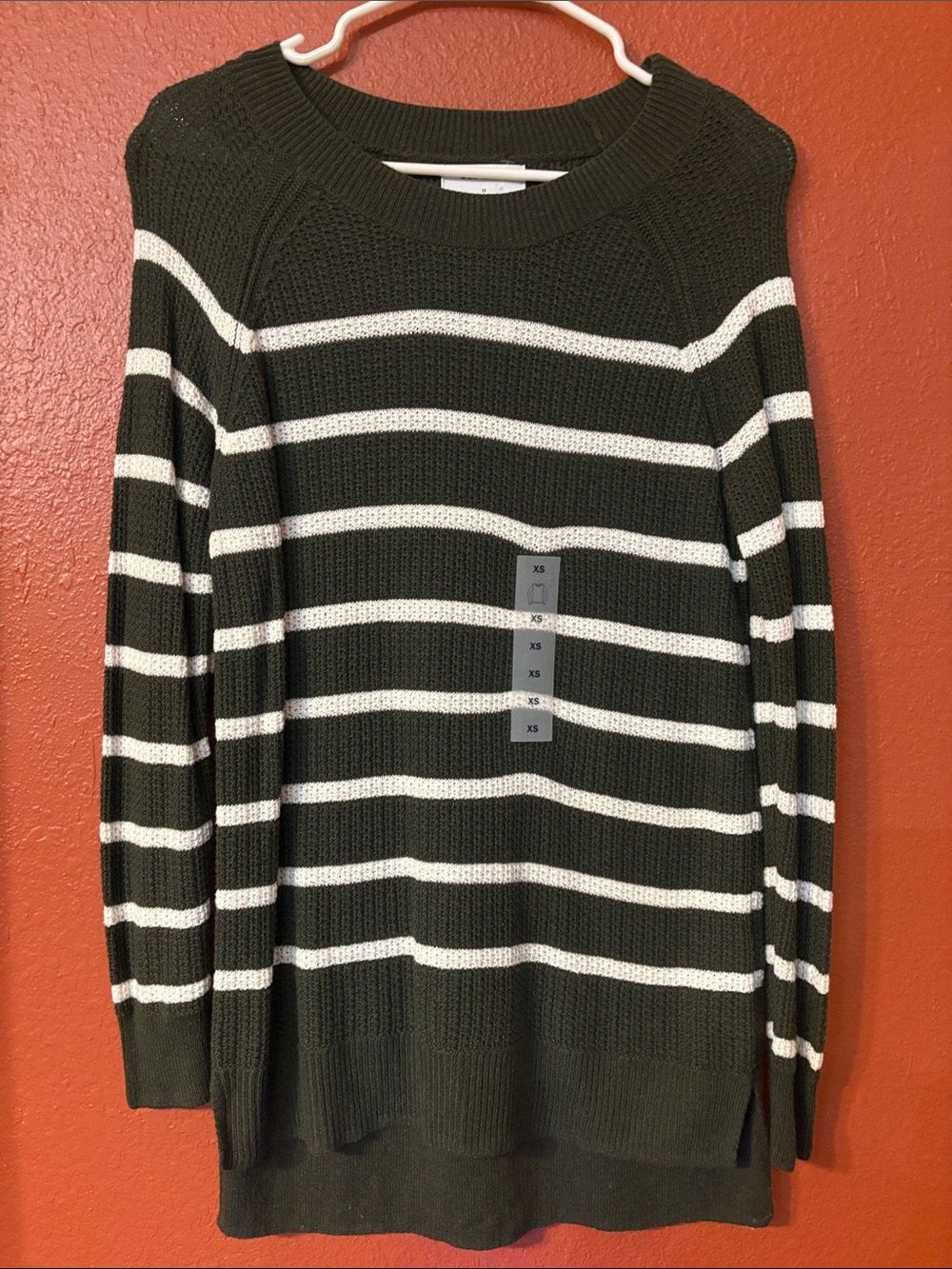 Old Navy Olive Green and White Striped Crewneck Sweater